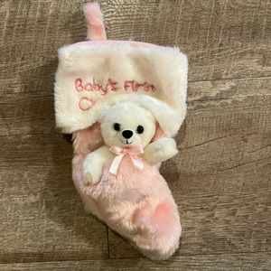 Little pink fuzzy Baby’s 1st Christmas stocking
